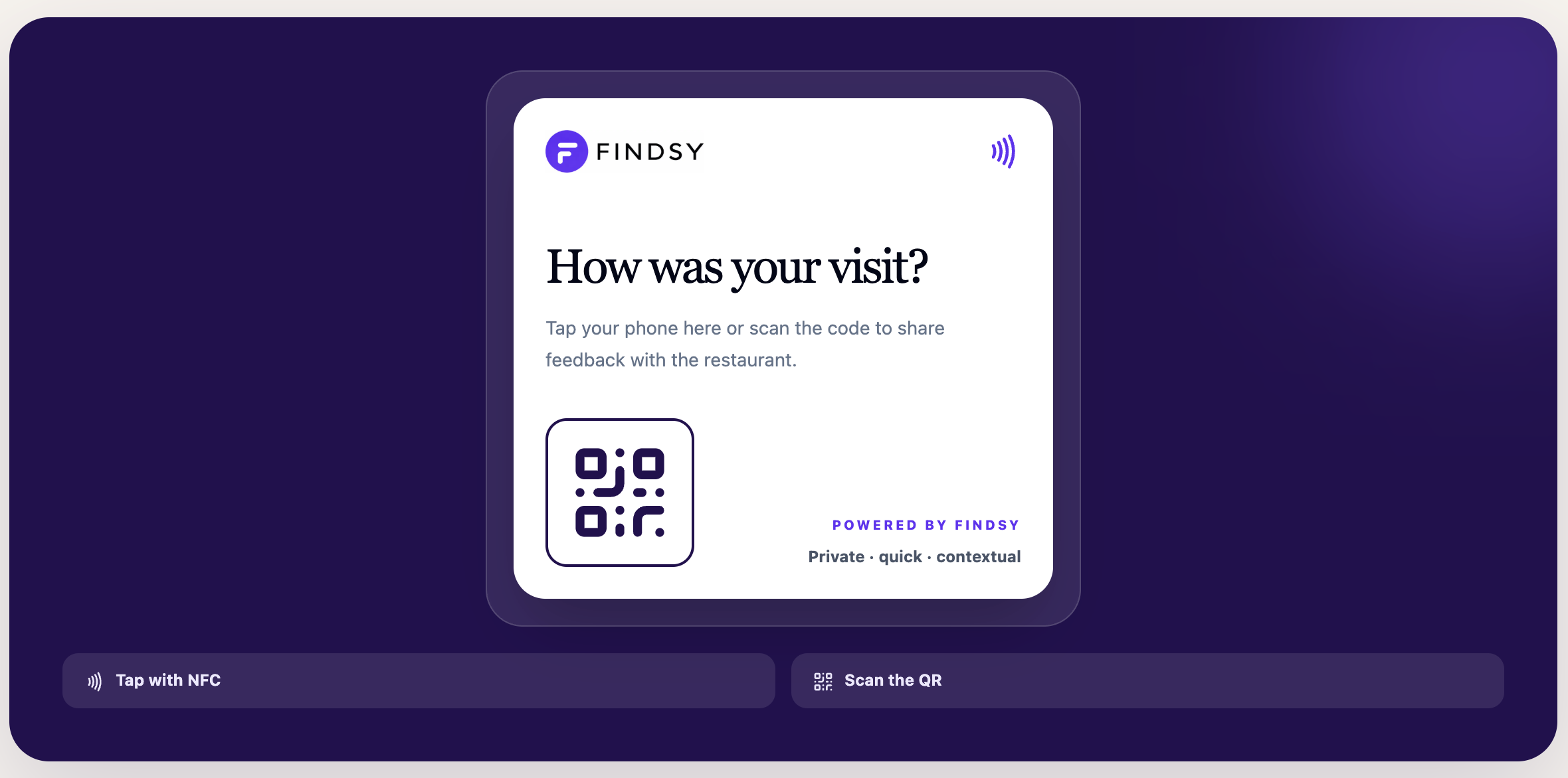 Findsy NFC and QR feedback card showing how guests can privately share feedback